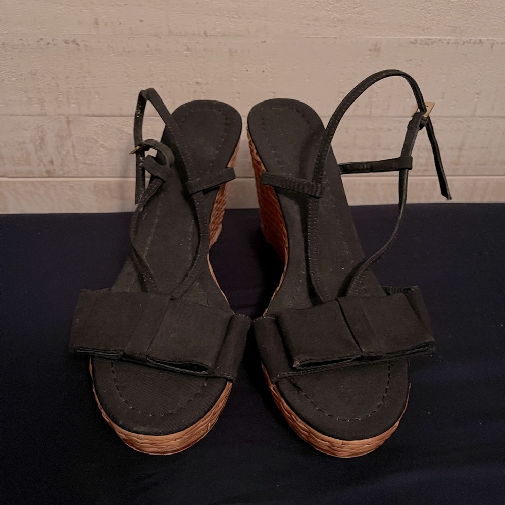 Kate Spade black bow strap wedges
